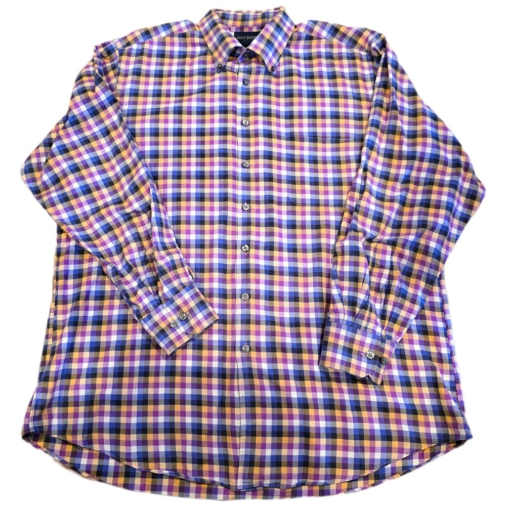 Scott Barber‎ Men's XL Purple Blue Plaid Button Down Shirt 100% Cotton L/S Sport